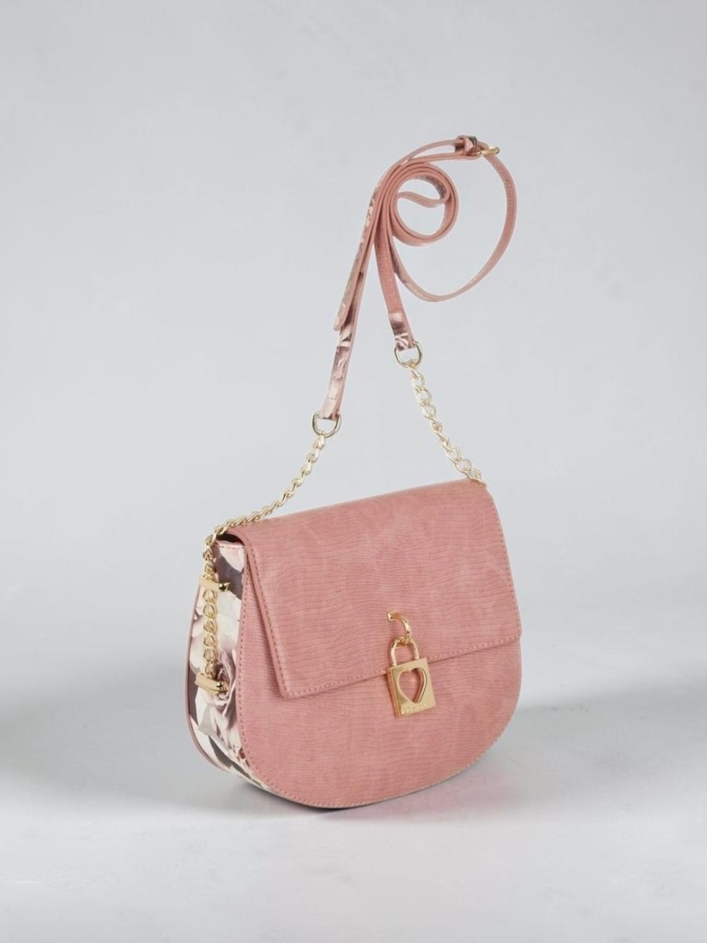 💕 Betsey Johnson Pink Croc Embossed Heart Lock Crossbody Saddle Bag